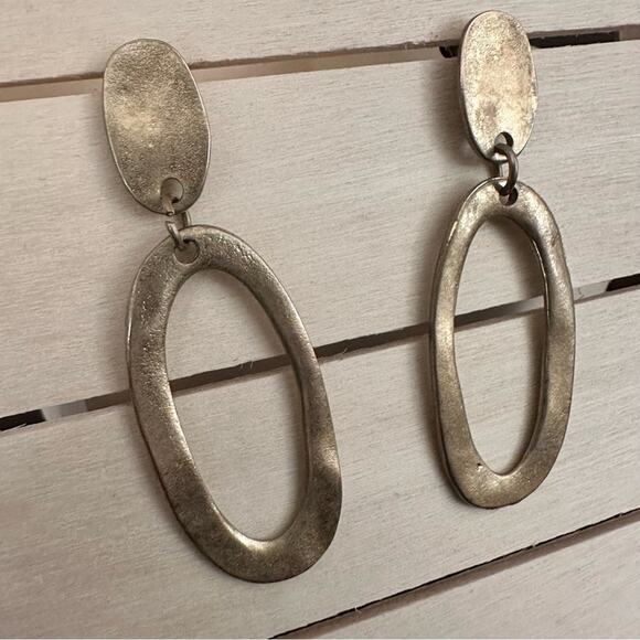 Oval Dangle Funky Eclectic Boho Brushed Gold Tone Pierced Earrings - Picture 2 of 3